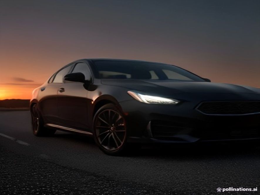 Modern sport sedan resting on a scenic highway during sunset.
